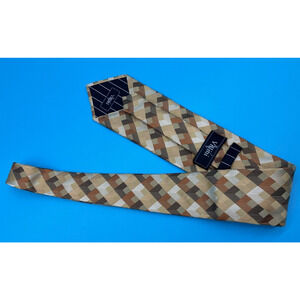 Villini Men's 100% Silk Tie Geometric Check Pattern Brown Gold 3.5" Classic